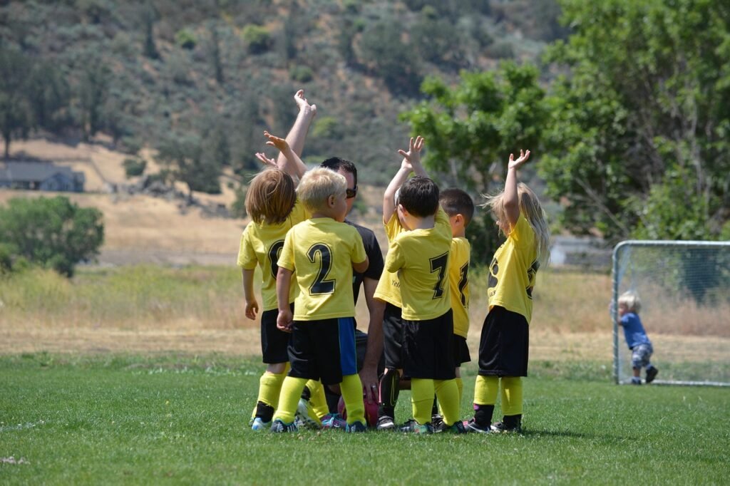 team, grass, cheer, field, game, sport, young, happy, nature, fun, soccer, play, people, goal, friendship, winner, kids, score, friends, teamwork, togetherness
